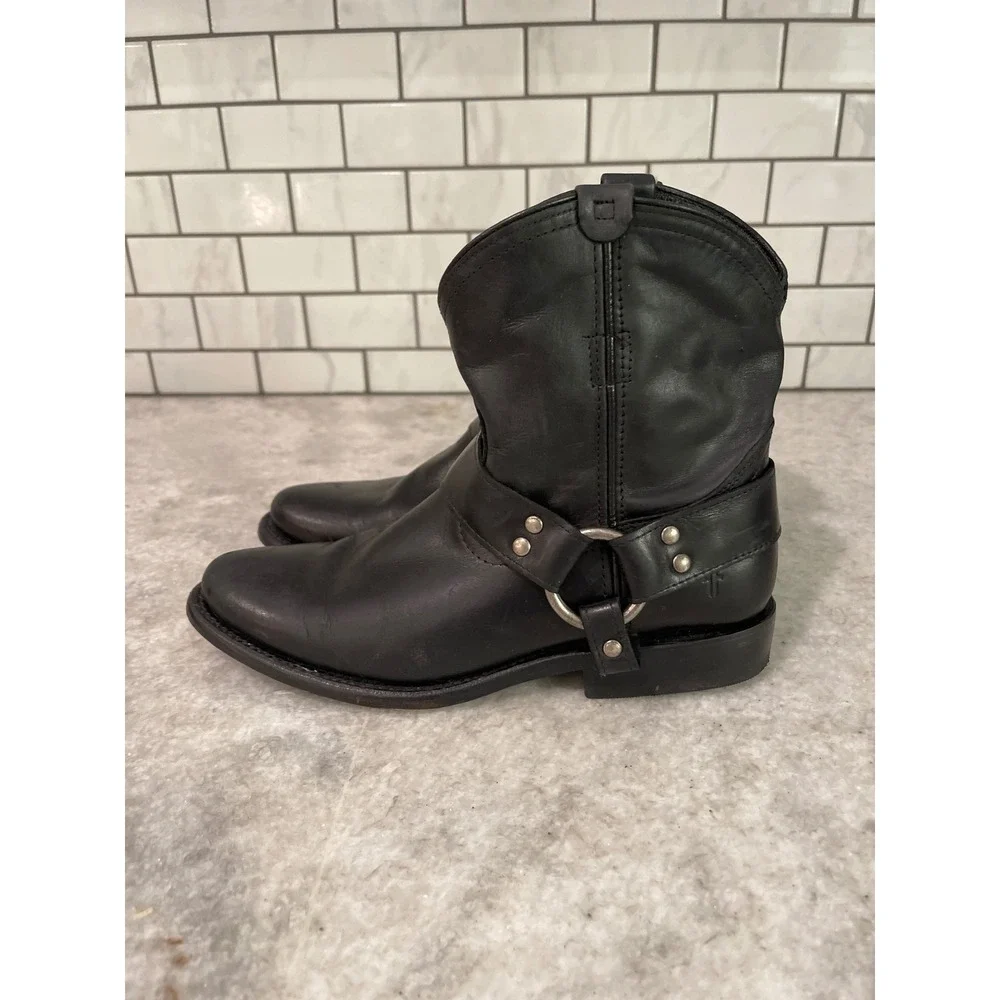 Frye Phillip Riding Boots Womens 6 Black Harness 8R Leather Ankle Moto Classic - Picture 3 of 10